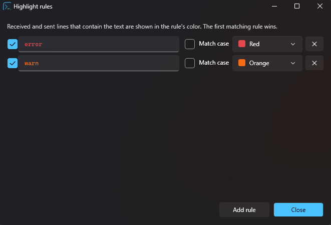 Highlight rules window: the keyword error shown in red, warn in orange, each with a Match case option