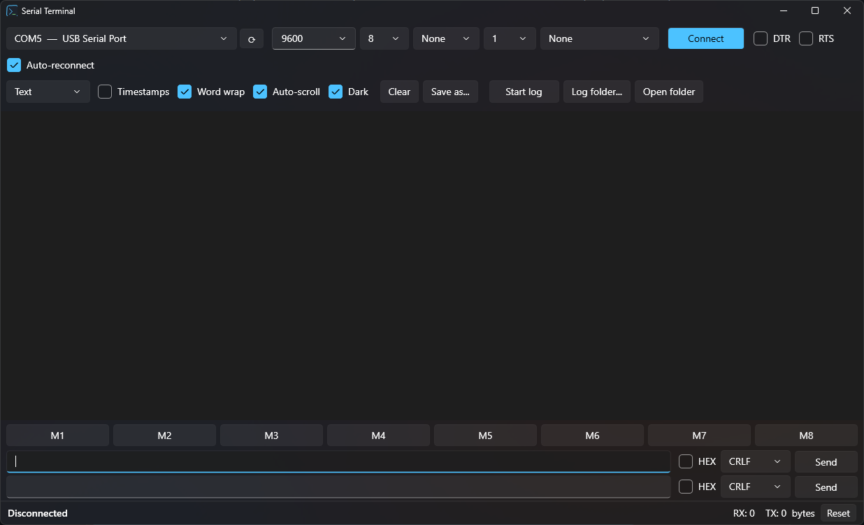 Serial Terminal main window: port settings, terminal output, macro buttons and two send lines